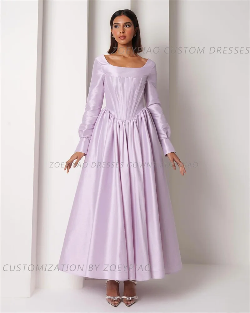 Gaun pesta malam Lavender, gaun pesta malam Formal, gaun pesta dansa malam lengan penuh tanpa tali Satin Solid, gaun pesta A Line ungu