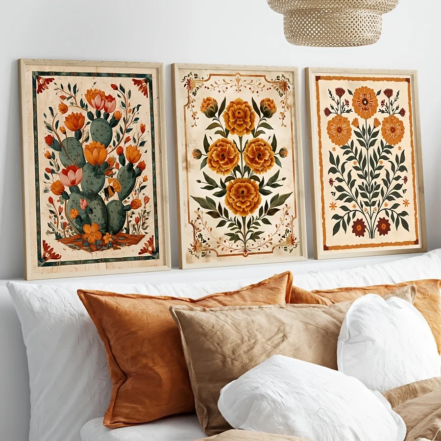3pcs/set Bohemian Vintage Floral Canvas Print Poster Orange Cactus Flower Botanical Art Print Bedroom Wall Art Home Decor Poster