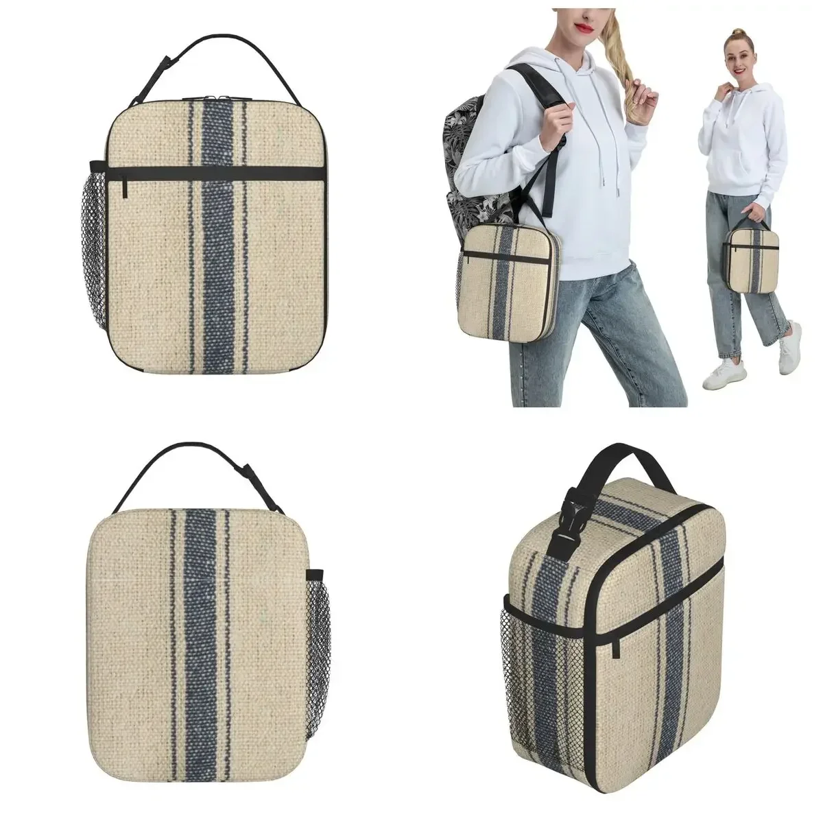 Vintage Farmhouse Grain Sack Thermal Insulated Lunch Bags for School Boho Stripes Portable Bento Box Cooler Thermal Food Box