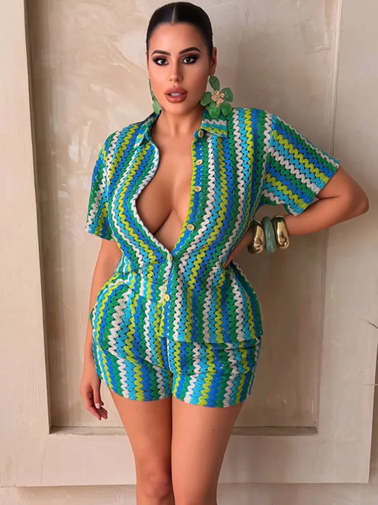 

Doyerl Knitted Wave Striped Beach Summer Outfit Woman 2 Piece Set Vacation Hollow Out Sheer Button Up Shirt Top and Short Sets