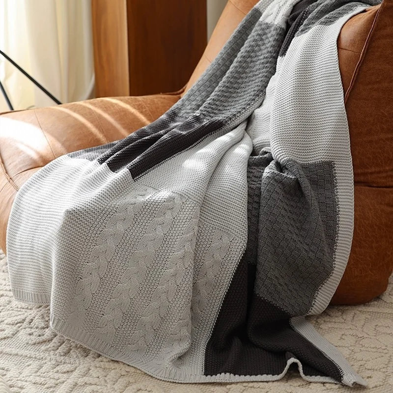 Manta de punto de retales gris, colcha acrílica, Cobertor Vintage Simple geométrico, ropa de cama para sofá, decoraciones para el hogar 127x152