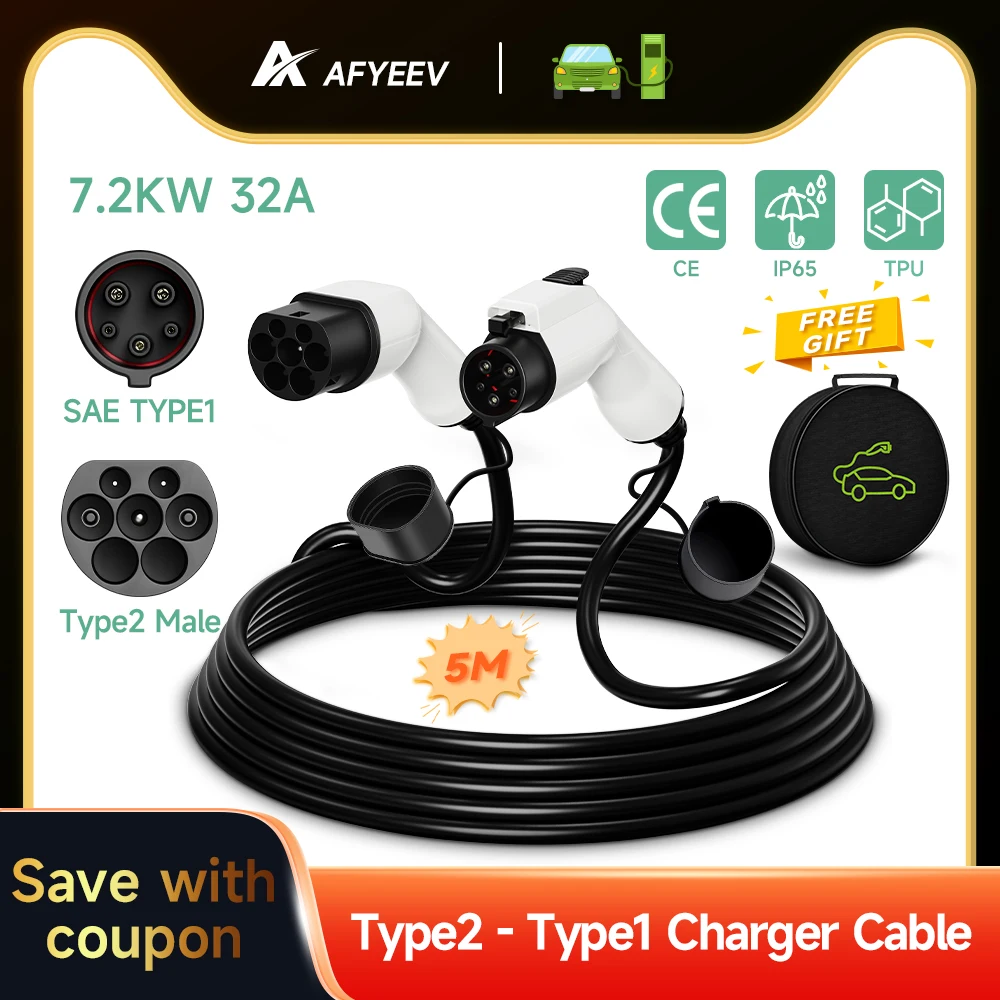 AFYEEV 7.2KW Type2-Type1 EV Cable de carga Type2 IEC 62196 hembra para estación de carga Type1 J1772 para lado de coche eléctrico 5m