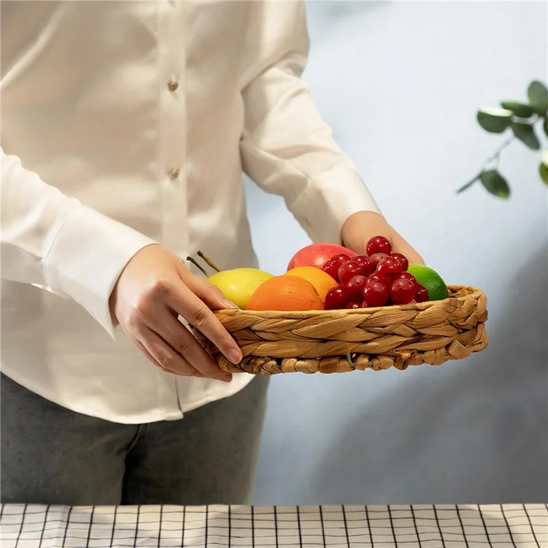 

【Superdeals】Hand Woven Tray Storage Baskets Natural Water Hyacinth Small Basket For Fruit Kitchen Table