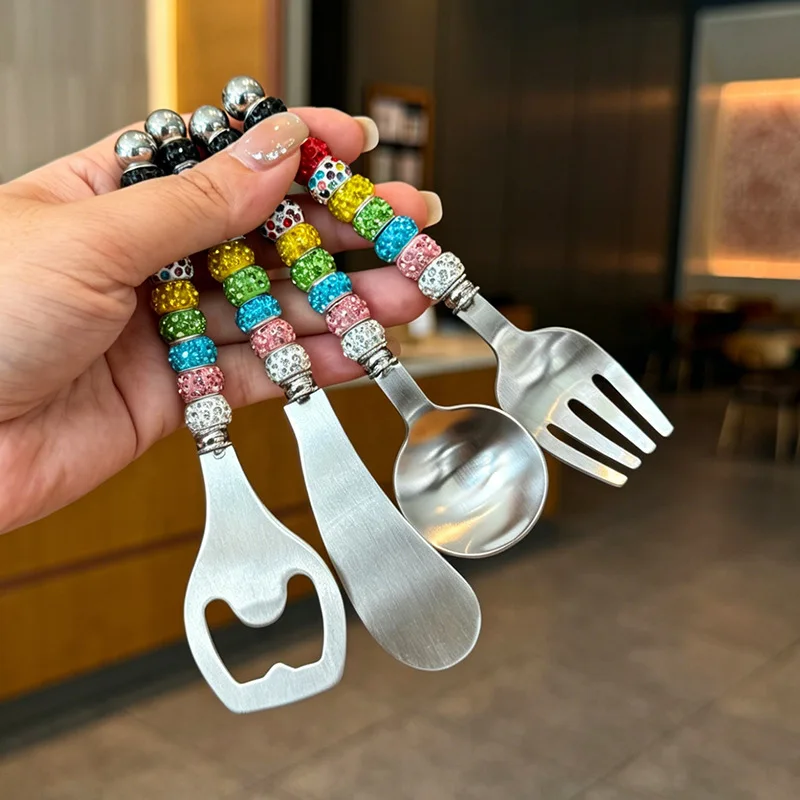 

Creative Colorful Bead 304 Stainless Steel Spoon Fork Bottle Opener Butter Knife Home Dessert Spoon Fruit Fork Beer Opener