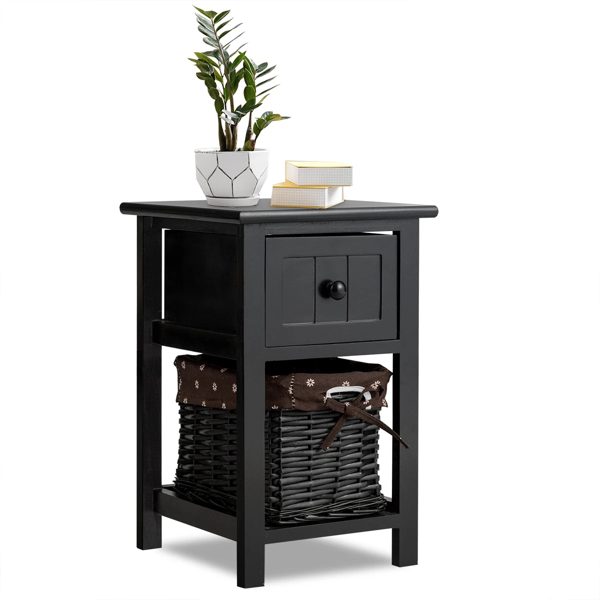 Bedside table with basket and drawer, Small Wood Night Console, Night Cabinet, Night chest of drawers, side table table, 28x31x45cm