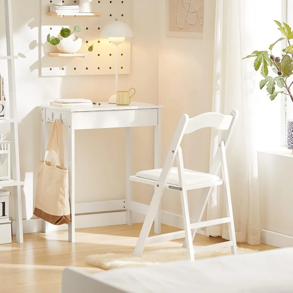 Compact White Small Desk with Drawers for Kids Teens