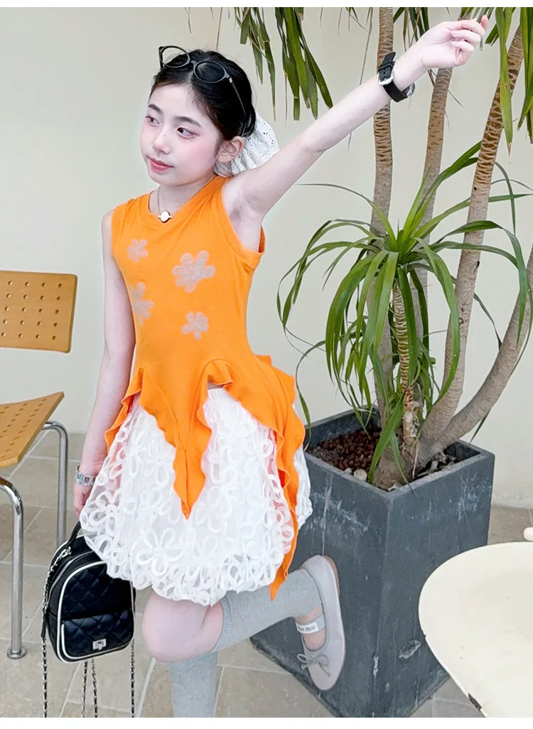 Irregular Design Ribbon Print Vest Lace Fluffy Skirt Sweet and Beautiful Children's Summer Fashion Sleeveless Top