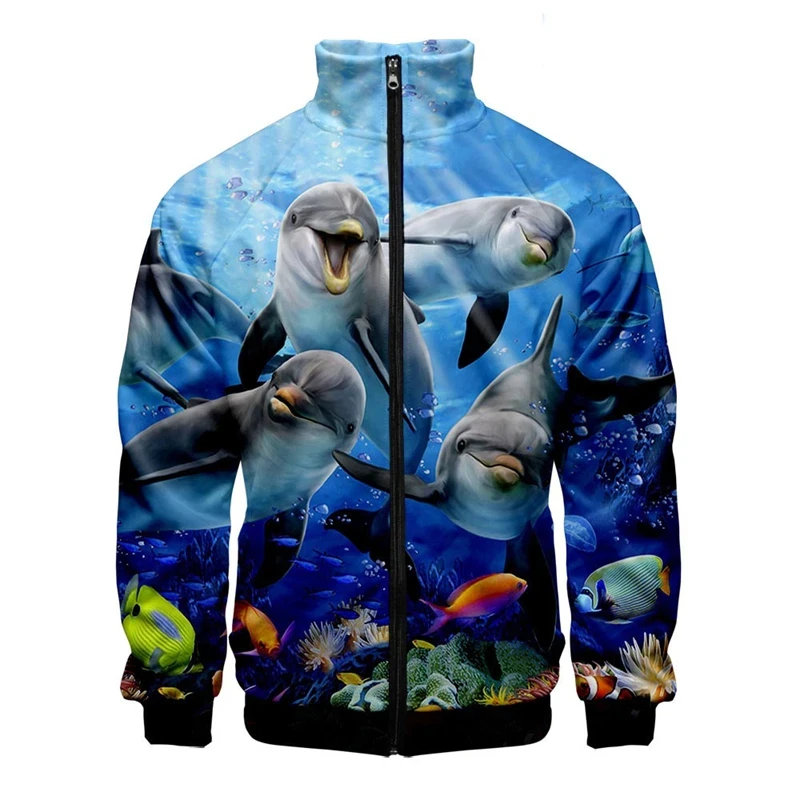 3D Digital Printed Dolphin Graphic Lapel Collar Zipper Jacket For Men Women Long Sleeve Baggy Comfy Clothes Jacket Coat