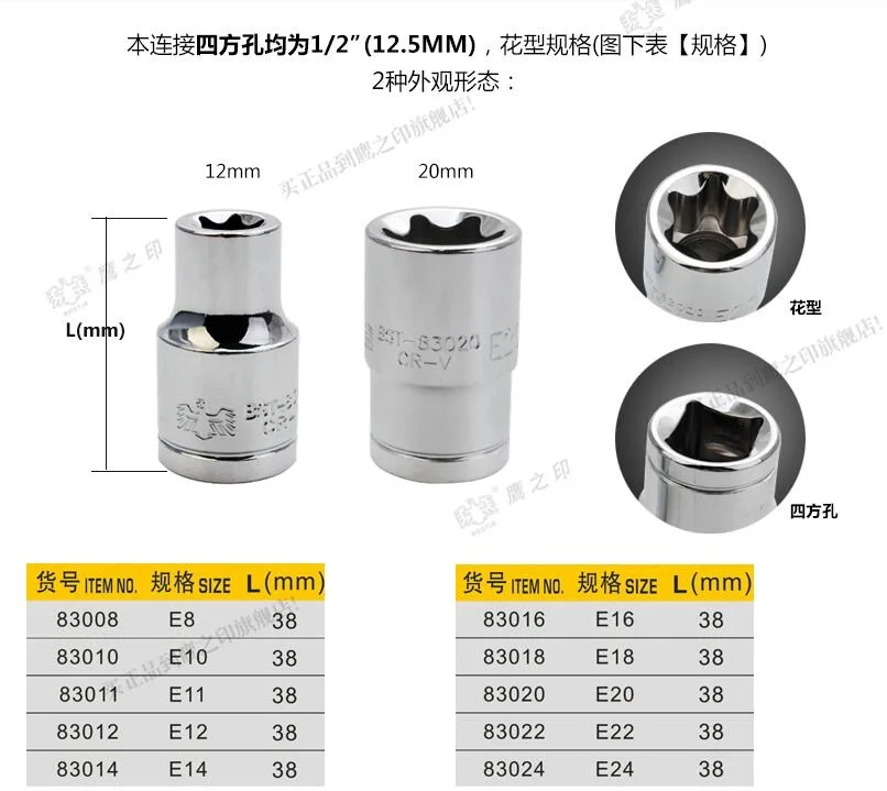 BESTIR TOOL e8 e10 e11 e12 e14 e16 e18 e20 e22 e24 E-socket wrench 12.5mm 1/2