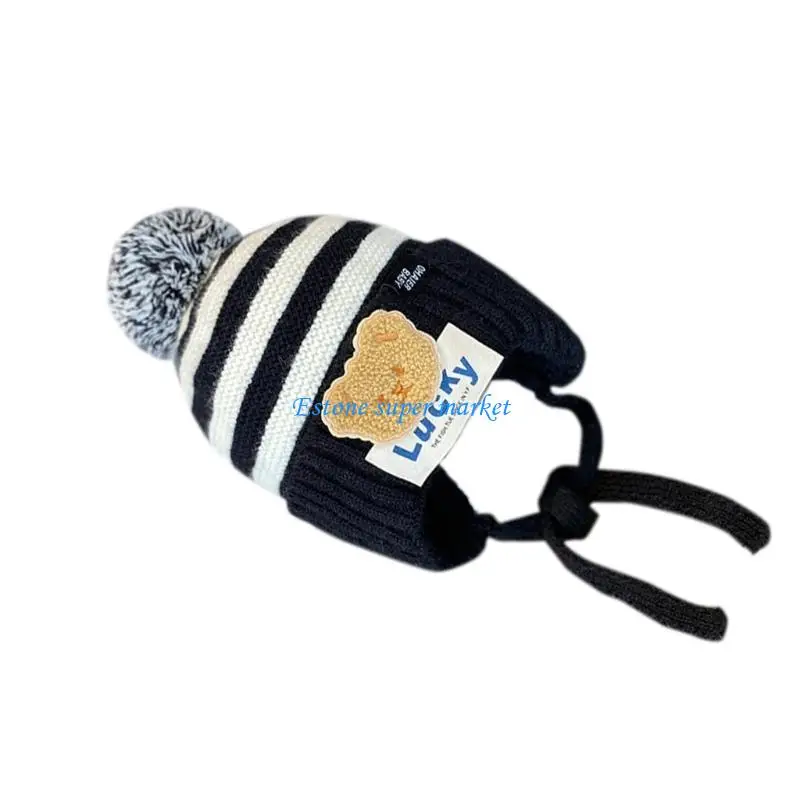 

090B Autumn Winter Hat for Kids Trendy Striped Beanie Cap Lucky Bear Bonnet Hats