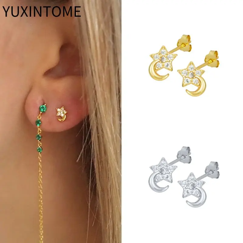 

925 Sterling Silver Needle Exquisite Star and Moon Stud Earrings For Women Star Crystal Small Earrings Fashion Jewelry Gifts