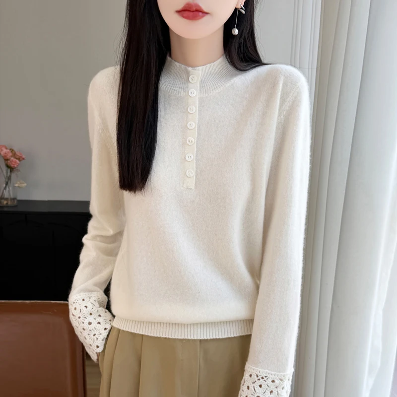 Women's Merino Wool Pullover Sweater Mock Neck Half‑Button Placket Solid Lace Crochet Cuff Detail Long Sleeve Knit Top