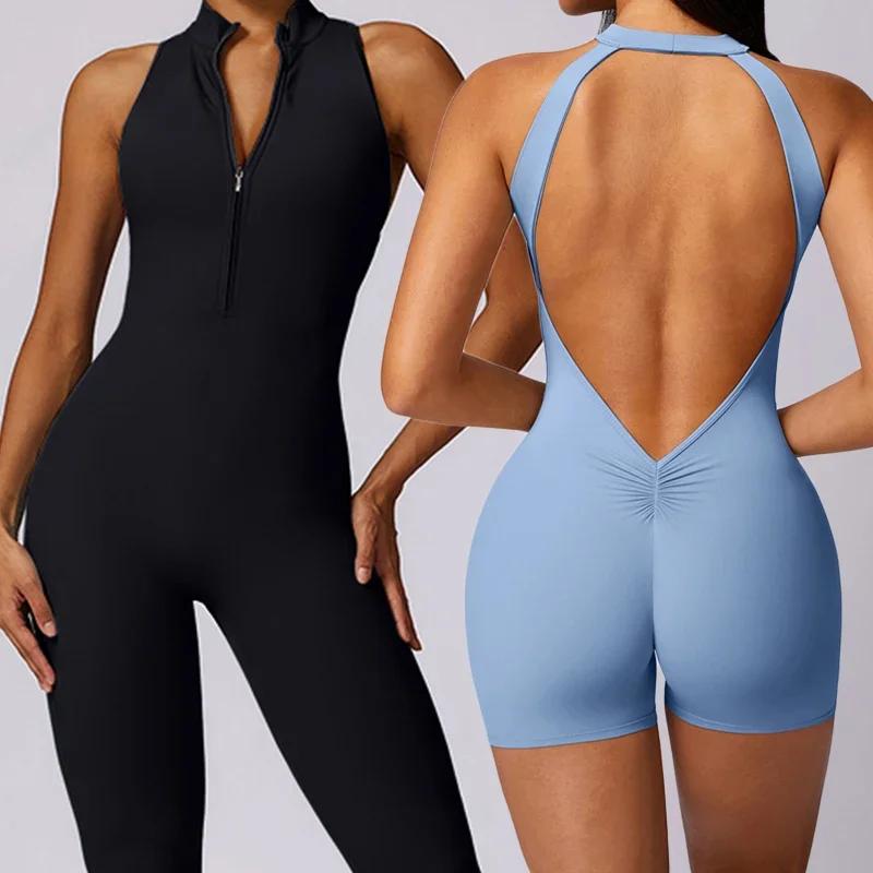 Backless Fitness Jumpsuit Short Women Sports Yoga Sets Zipper Gym Workout Overalls Female Sleeveless Sexy Sporty Suits