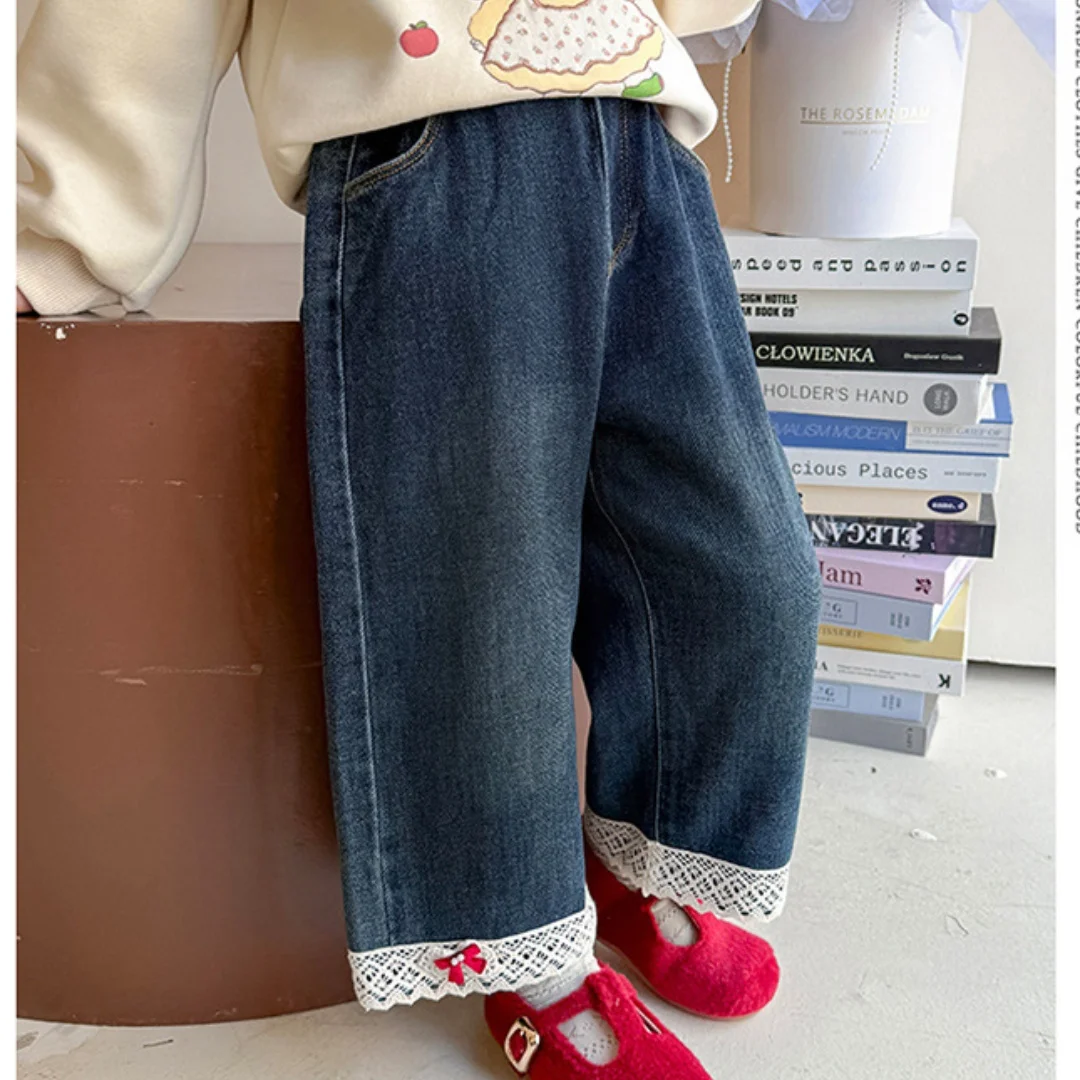 

2-7Y Children Autumn Winter Casual Loose Trousers 2025 Kids Girl Clothes Thickened Denim Jeans Wide Leg Pants with Lace Trim