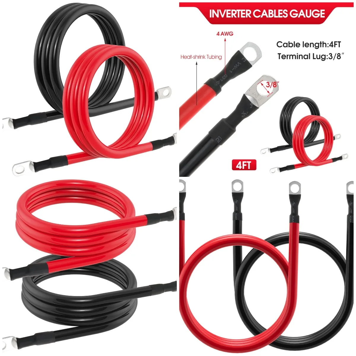 

4 AWG Pure Copper Battery Cable with 3/8' Lugs, Red & Black, 4FT for Automotive Solar Marine Boat RV Car Motorcycle