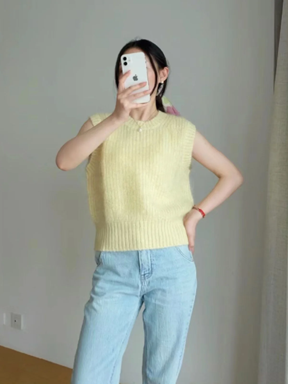 

Желтый круглый вязаный жилет Ne ort, новинка осени 2023, простой дизайн, антивозрастной, для дома, женский, модный, смешанный материал, PU...