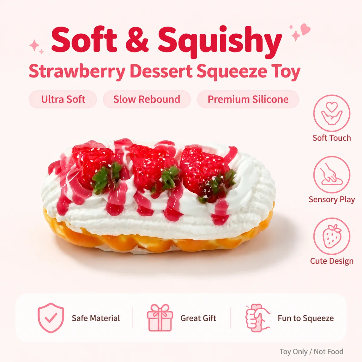 Food Grade Long Pastry Squishy Toy Decorated With Fresh Strawberry And Pink Jam Drizzle Slow Rebound Anxiety Relief Soft Squeeze