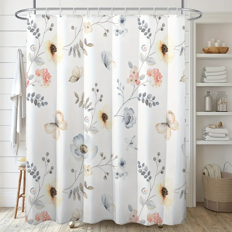 1pc Flower Pattern Shower Curtain, Water-Repellent Shower Curtain Includes Hanging Hooks, Bath Divider, Decorative Bathroom Part