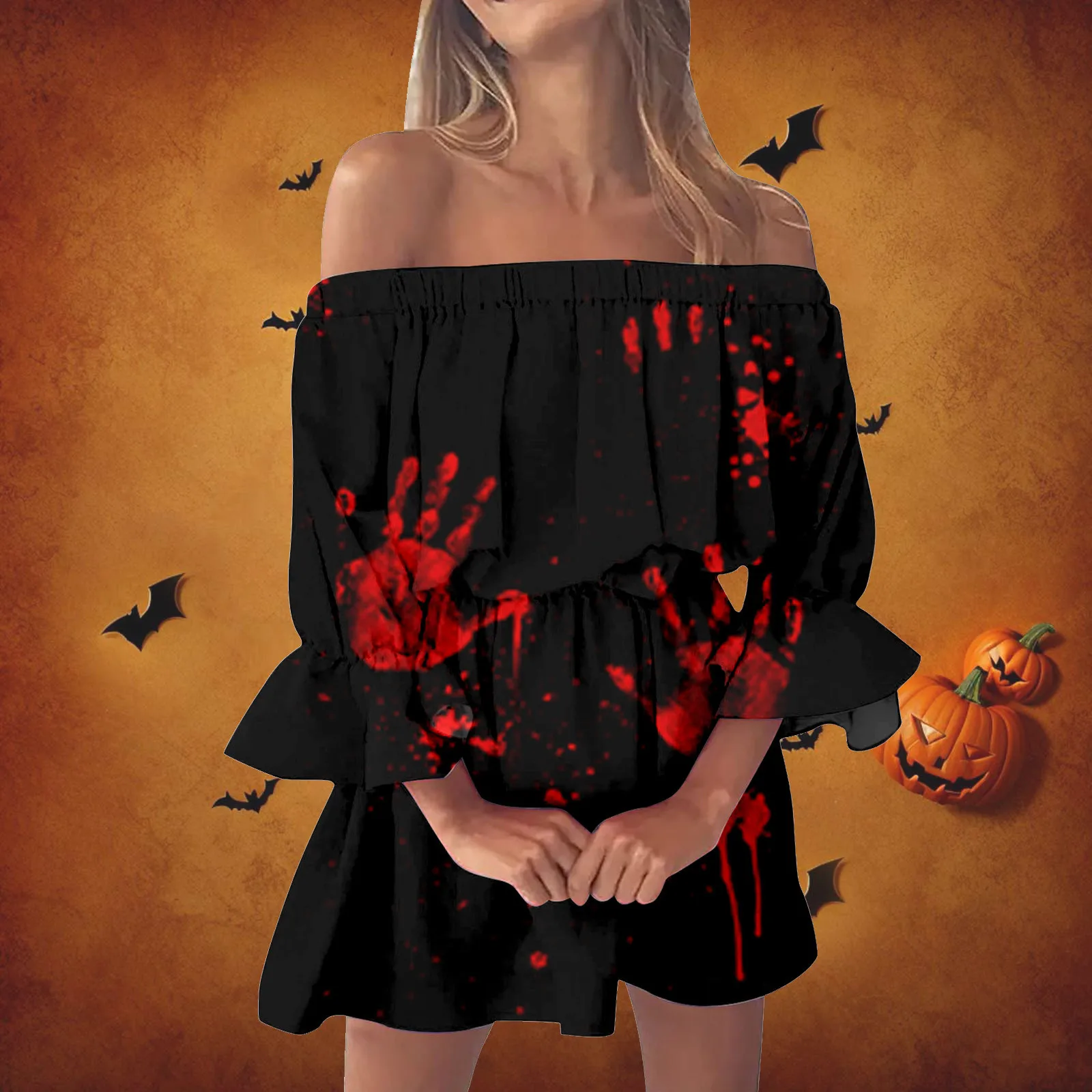 

Blood handprint print Halloween mini dress for women off shoulder slash neck sexy dresses loose casual half sleeved dress