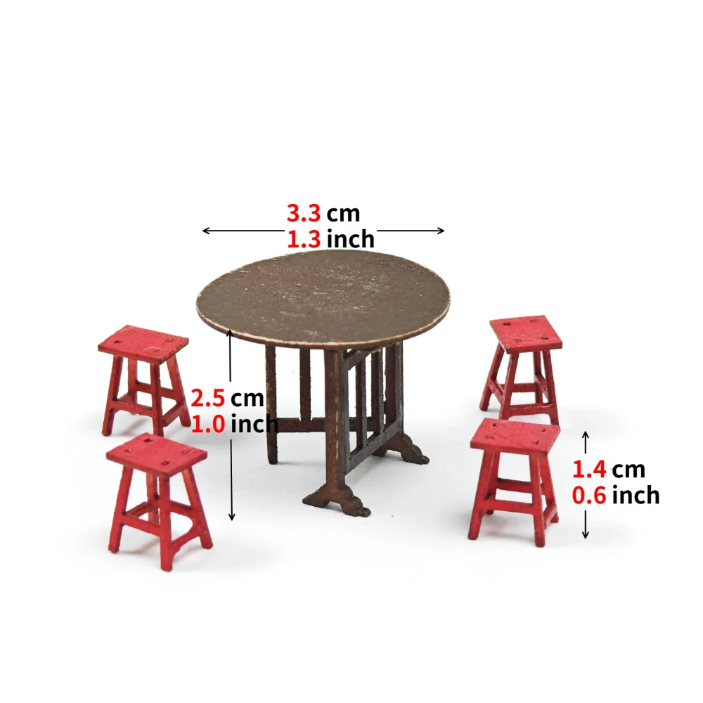 1/30 Dollhouse Miniature Round Table and 4 Stools Painted/Unpainted Wooden Kits DIY Model Making for Mini Diorama Scene 1Set