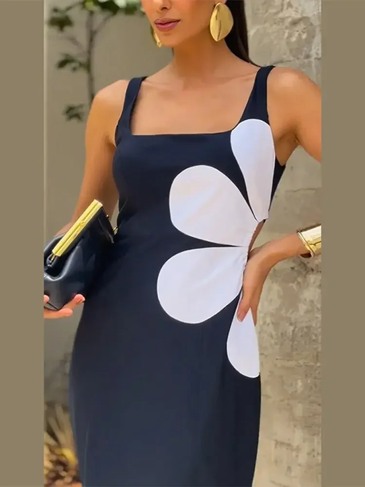 Vestido Midi con estampado de flores para mujer, con cuello redondo traje elegante, sin mangas, ajustado, para fiesta y vacaciones, 2024