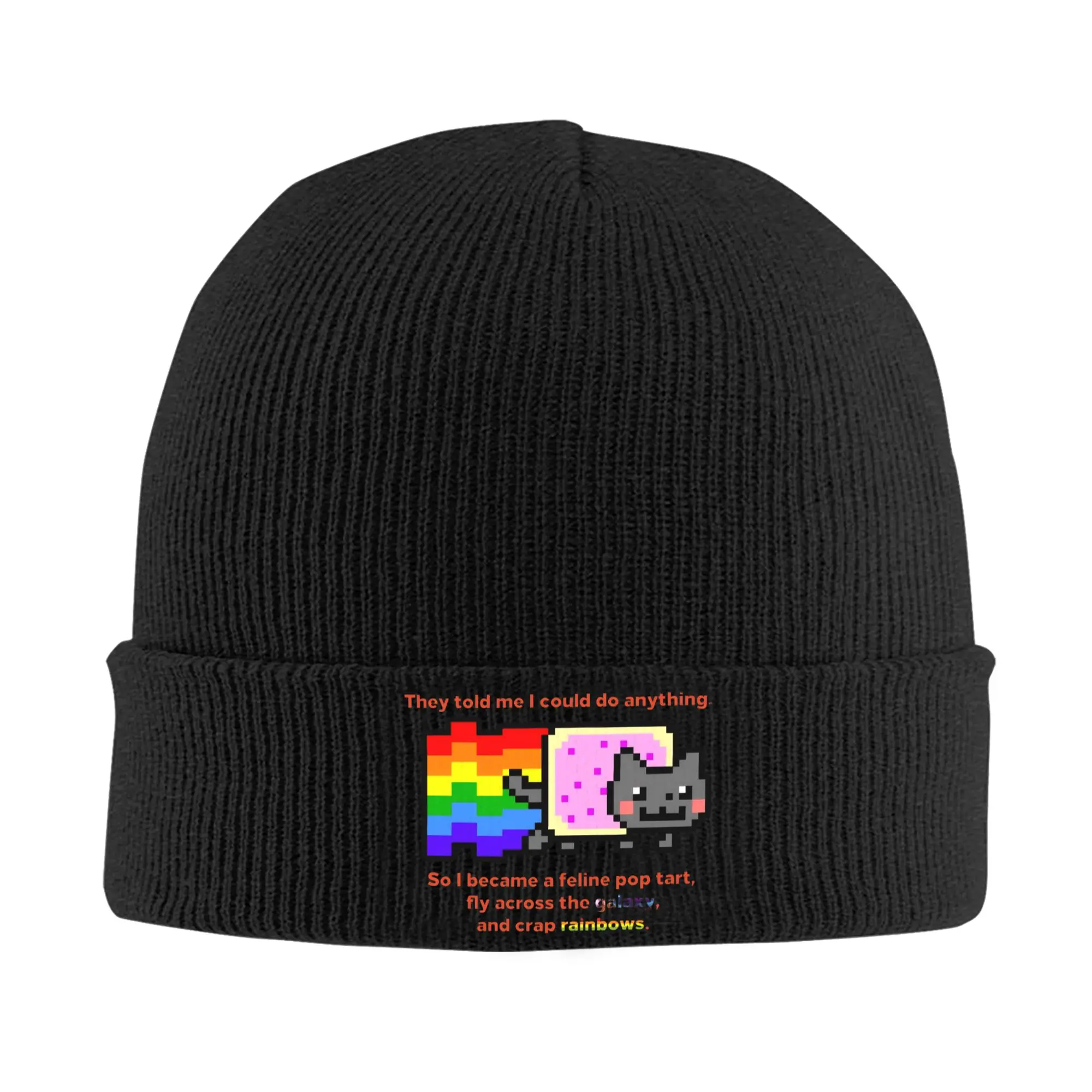 Nyans Rainbow Cat Pixel  Knitted Caps for Women Men Beanies Autumn Winter Hat Acrylic  Warm Melon Cap
