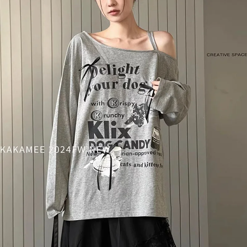 Autumn Casual Letter Printing Top Tee Women Clothes Trend Irregular Off Shoulder Loose Long Sleeve T-Shirts Female Korean Tops