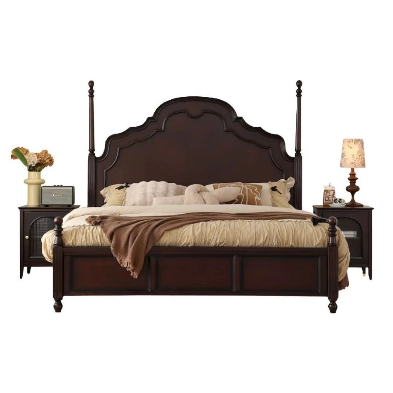 

American retro solid wood bed black premium double retro French bed