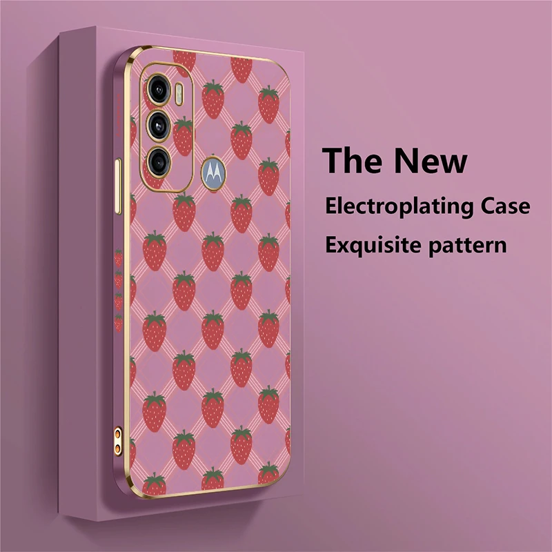 Motorola Moto G60 G53 G52 G50 G40 Fusion G30 G22 G10 E20 E7i Edge 20 G Stylus用 スマホケース プラチナメッキ ストロベリープリントカバー