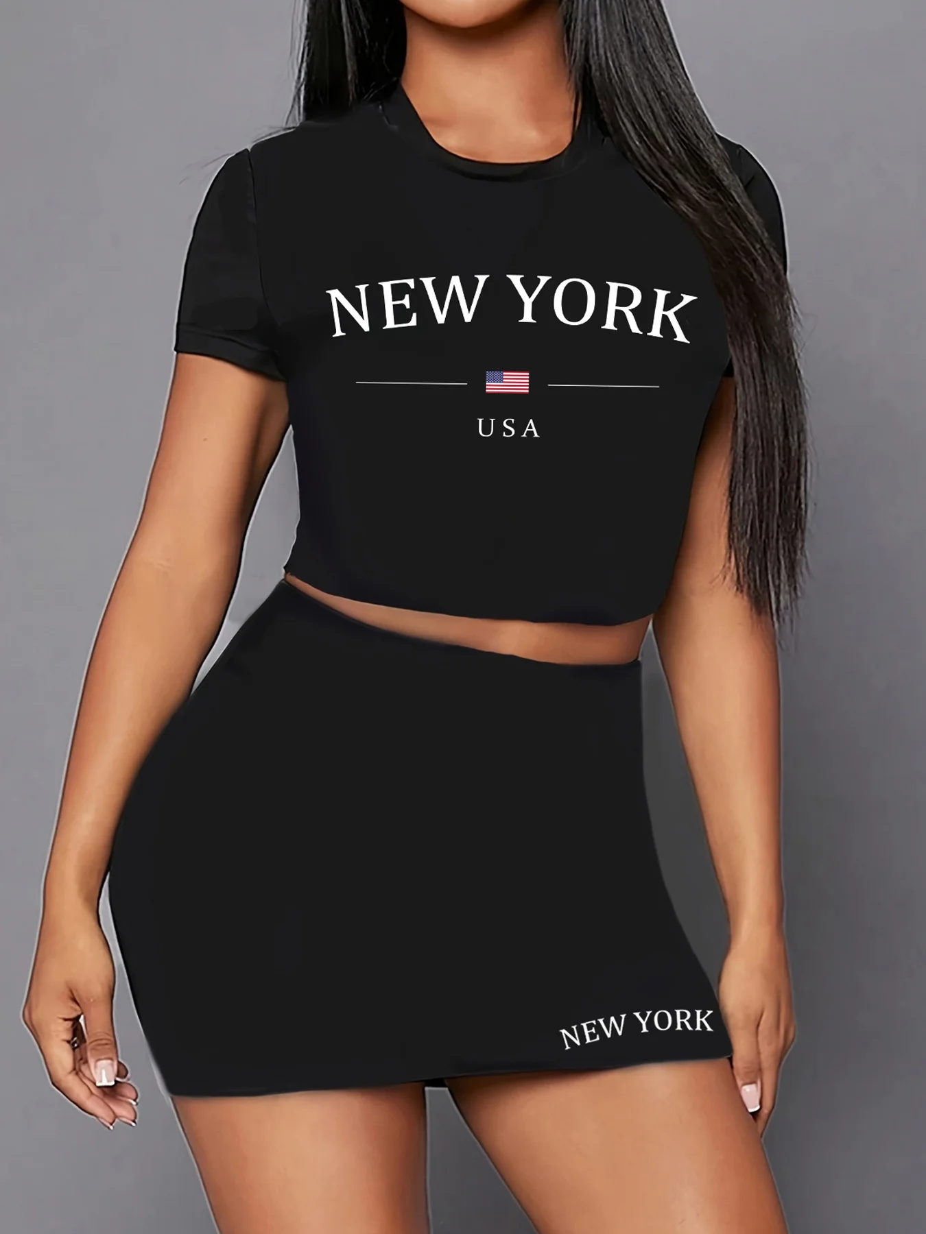 Usa New York America Letter Print Two Piece Set, Short Sleeve Round Neck T-shirt & Skirts, Women's Clothing