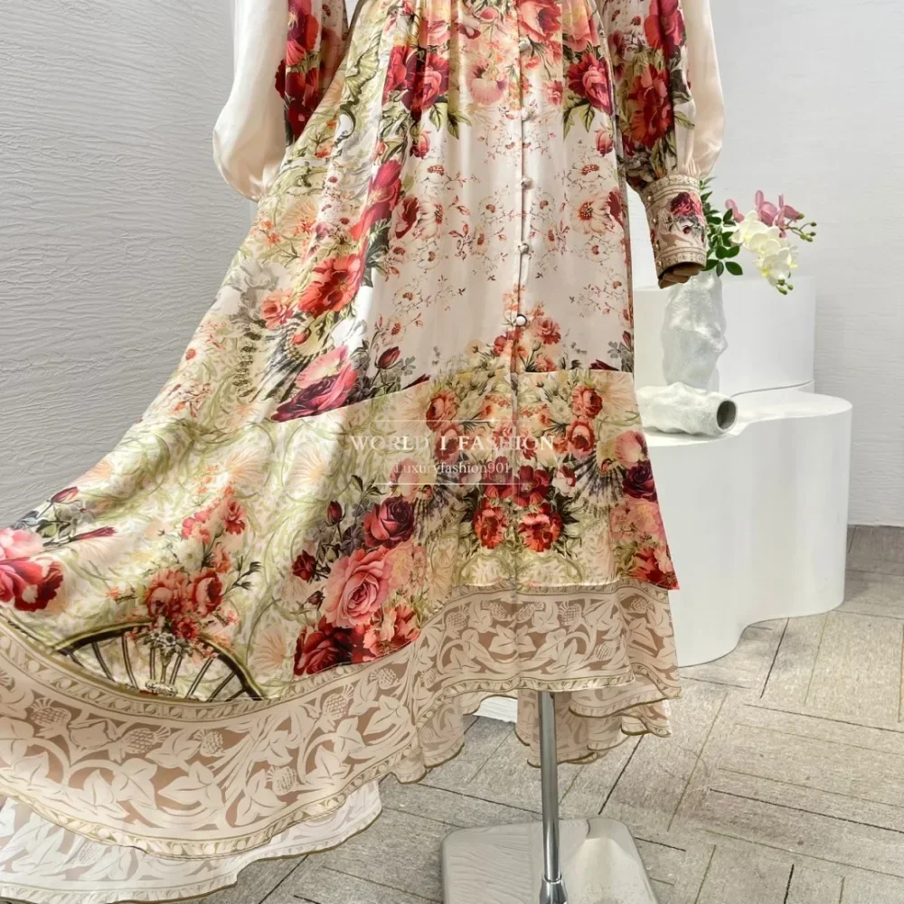 

Beige Rose Floral Print Long Sleeve Midi Dress 2025 Silk