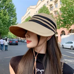 Ice Feeling Sunscreen Women Summer Double Sided Wear Striped Hollow Top Hat Large Brim Shade Face Cycling Fisherman Hat Beach
