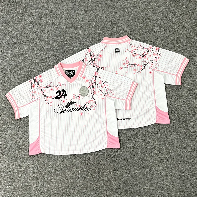 Vescartes Men Simple Contrast Pink Rib V Neck Soccer Jersey Cherry Blossom Graphic Oversized Basic Tee