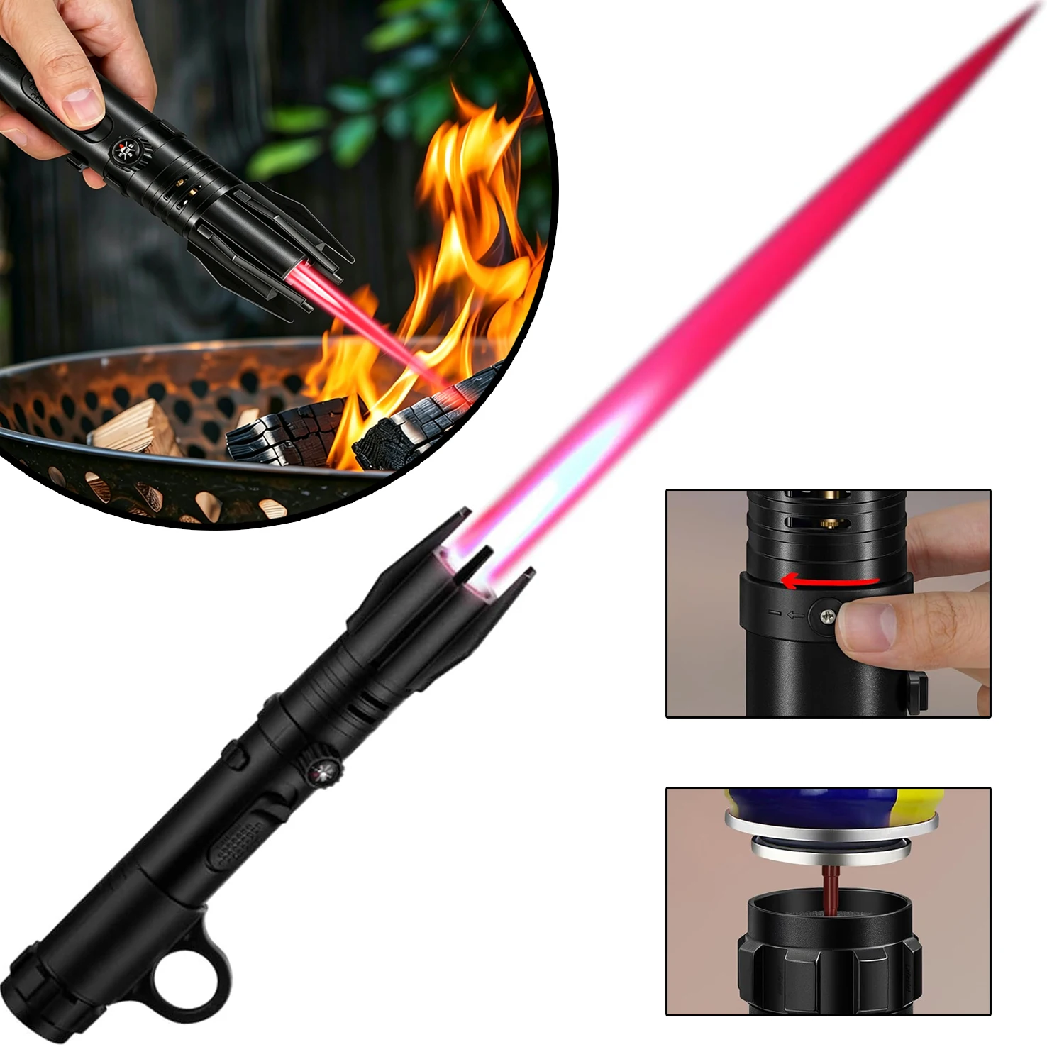 Fackel-Feuerzeug, helles Feuerzeug mit Sicherheitsverriegelung und Kompass, nachfüllbares Butangas-Feuerzeug mit winddichter Jetflamme, für Kerzen, Lagerfeuer, Grillen, Backen, Camping, Geschenk