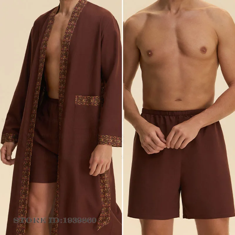 

Мужской длинный халат, пижамный комплект из двух предметов, кимоно с принтом в стиле барокко, халат, одежда для сна, весна-лето, новый пижамный костюм, домашняя одежда