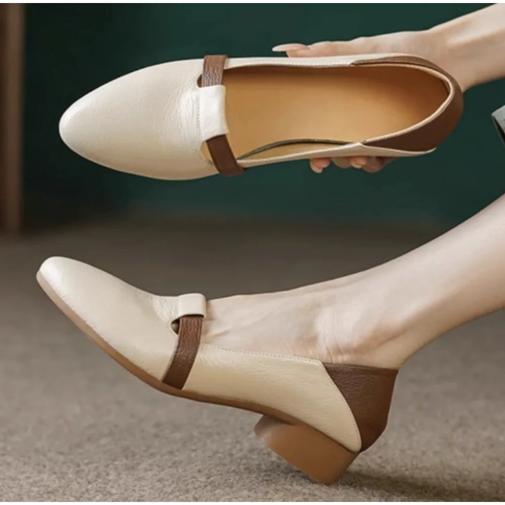 Pumps Women Autumn New Comfortable Versatile Chunky Heel Soft Leather Soft Sole Non-Tiring Slip-On Pointed Toe Low Heel Shoes