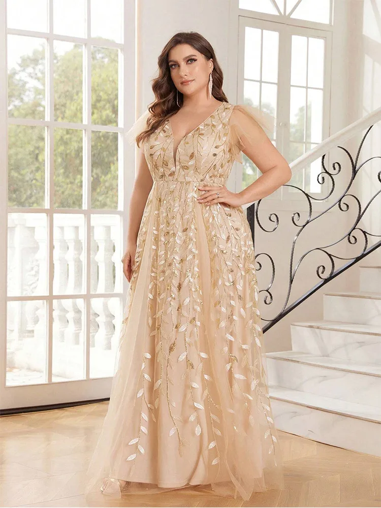 Plus Size V Neck Leaf Beads Apricot Mesh Floor Standing Wedding Evening Dress Big Size Prom Gown 4XL 5XL Shiny Mesh Women