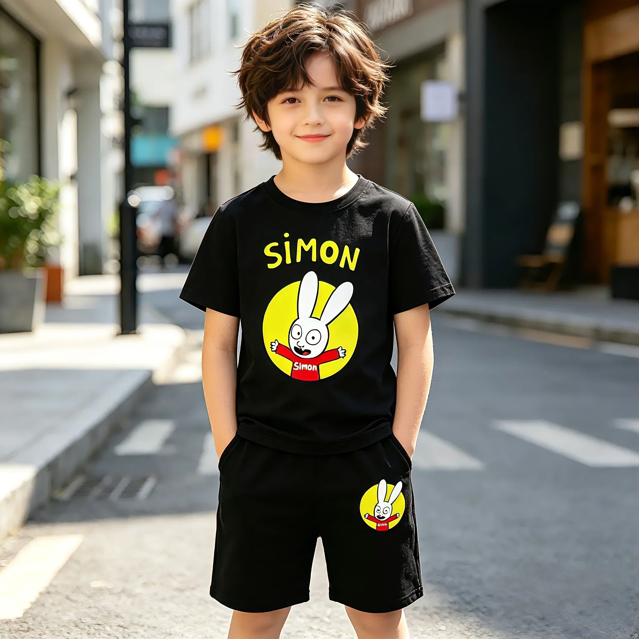 2026 New Kids Cartoon Rabbit Simon 2Pcs Sportsuits 2-13Y Boys Girls Summer Casual O-neck Short Sleeve Tees+Short Pants Soft Brea