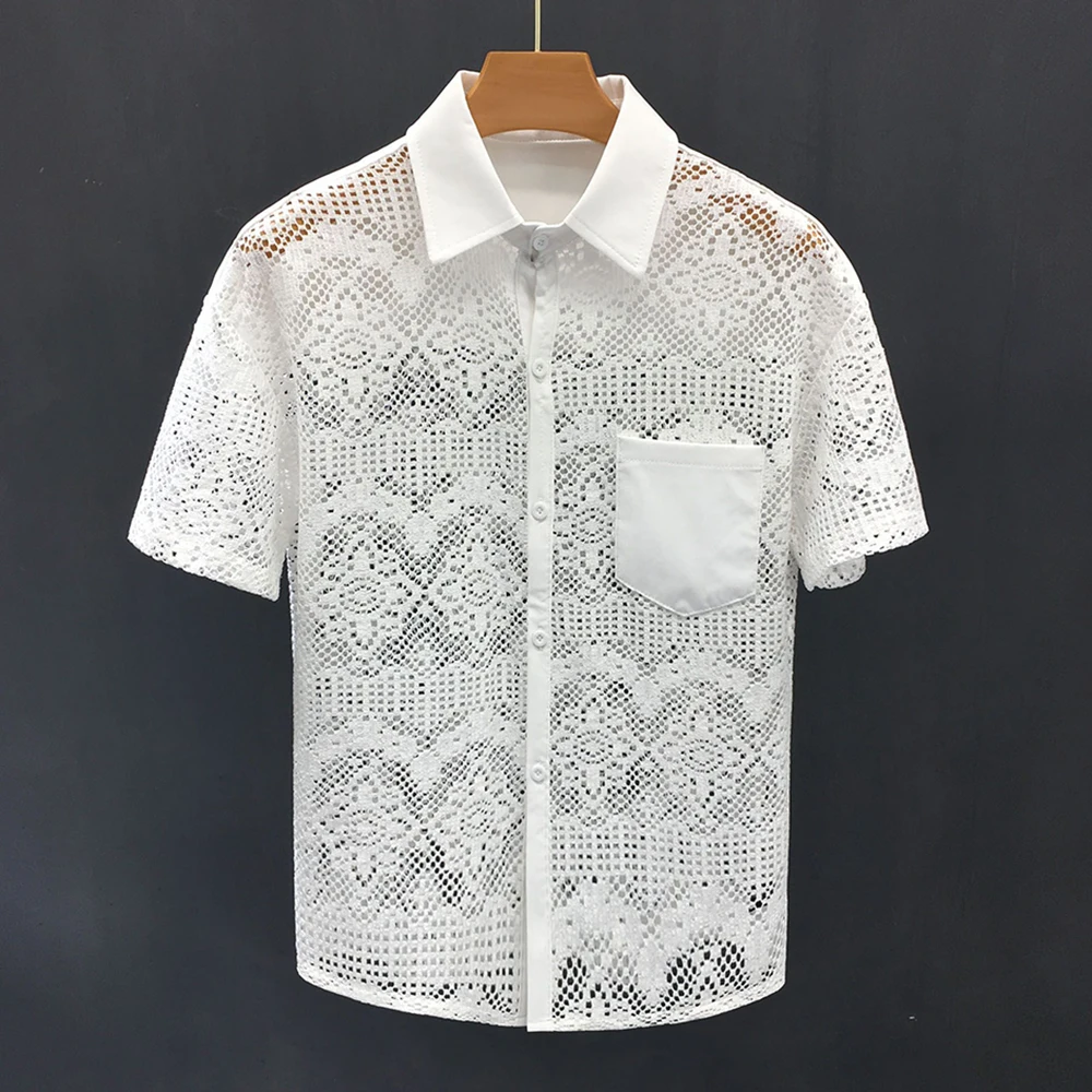 Camisa casual de renda sexy oca masculina de manga curta, camisa sem gênero transparente, moda versátil, tendência juvenil, retrô, unissex, novo,