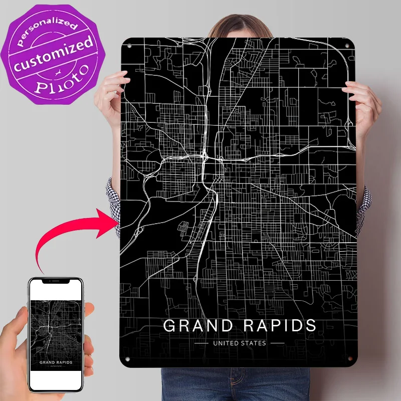Grand Rapids Michigan Personalized 3D Textured Metal Poster Wall Art Vintage Tin Signs for Home Decor Accessories Room Ornaments