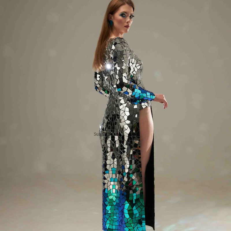 Silver and Scarab Mirror Slit Women Dress Long Evening Two-Tone Sequin Gown Festival Stage Performance Costume
