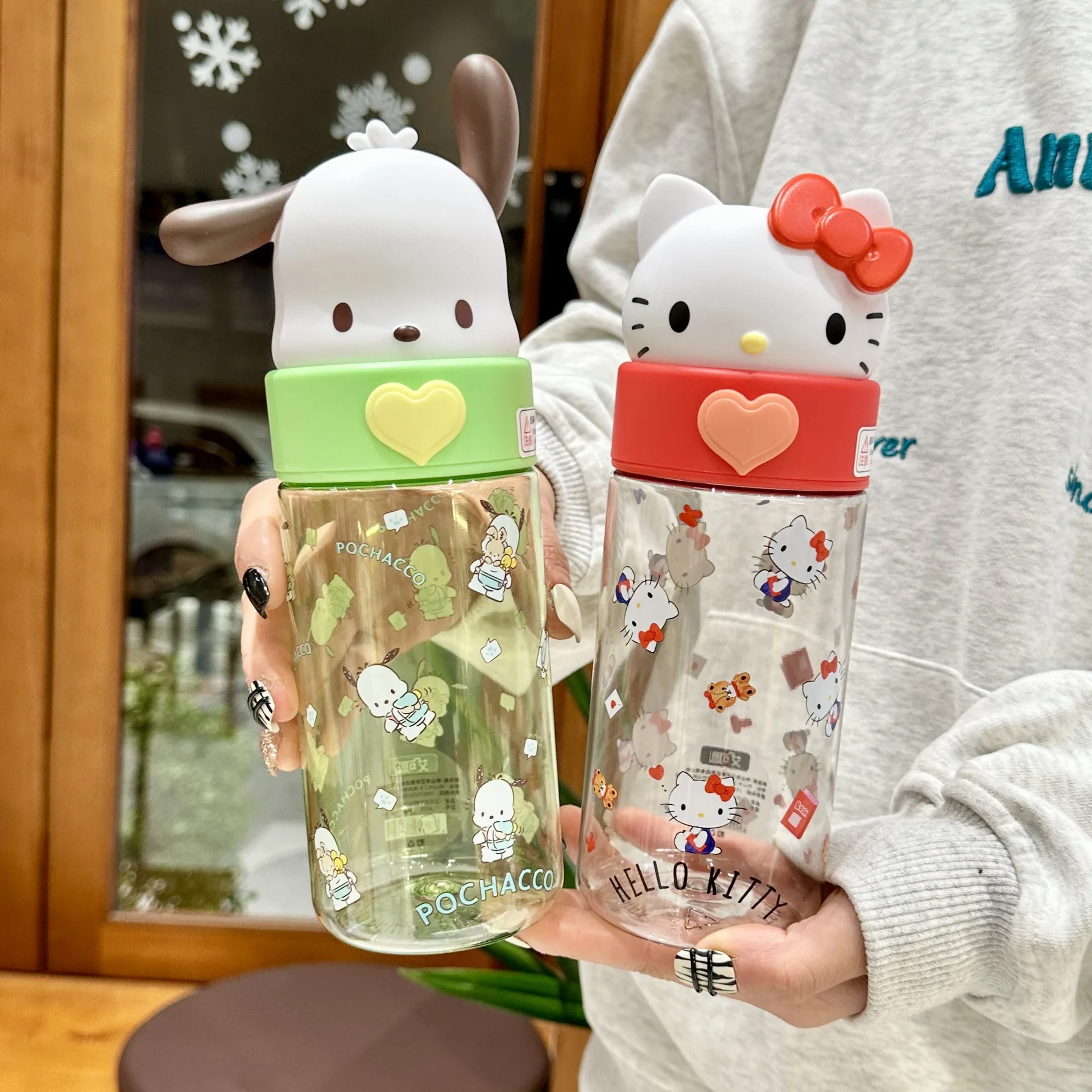 Santio Hello Kitty ถ้วยใส่น้ำกระบอกน้ำกาแฟน้ำแข็งพลาสติกลายอนิเมะ Kuromi Cinnamoroll 500กลางแจ้งพกพาได้ Y2K ของขวัญสำหรับเด็กผู้หญิง