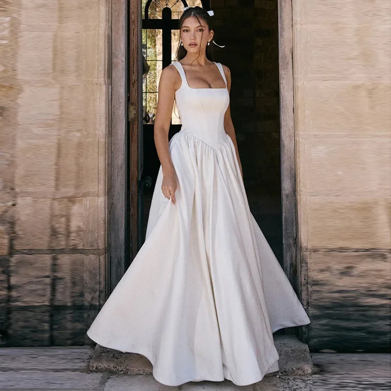 

suspender wedding dress Simple Elegant Square Neck Crepe A-line Minimalist Wedding Dress Bridal Gowns
