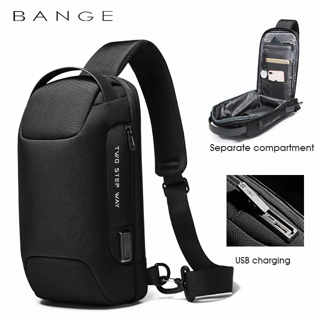 BANGE Men\'s Waterproof USB Oxford Crossbody Bag Anti-theft Shoulder Sling Bag Multifunction Travel Messenger Chest Pack For Male