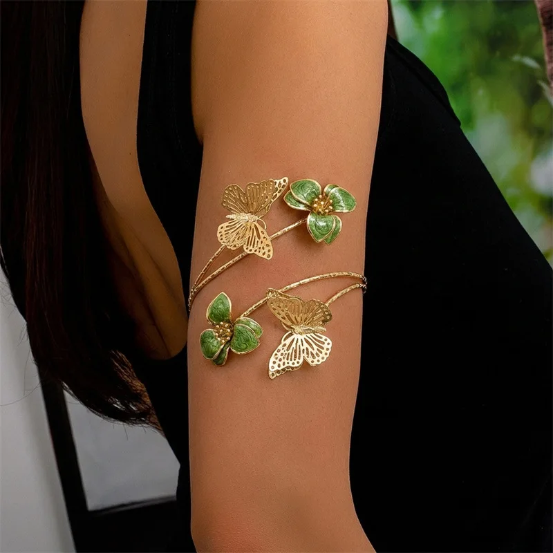 Boho Retro Elegant Enamel Butterfly Flower Arm Cuff Bangle for Women Gold Color Adjustable Spiral Design Upper Bracelet Jewelry