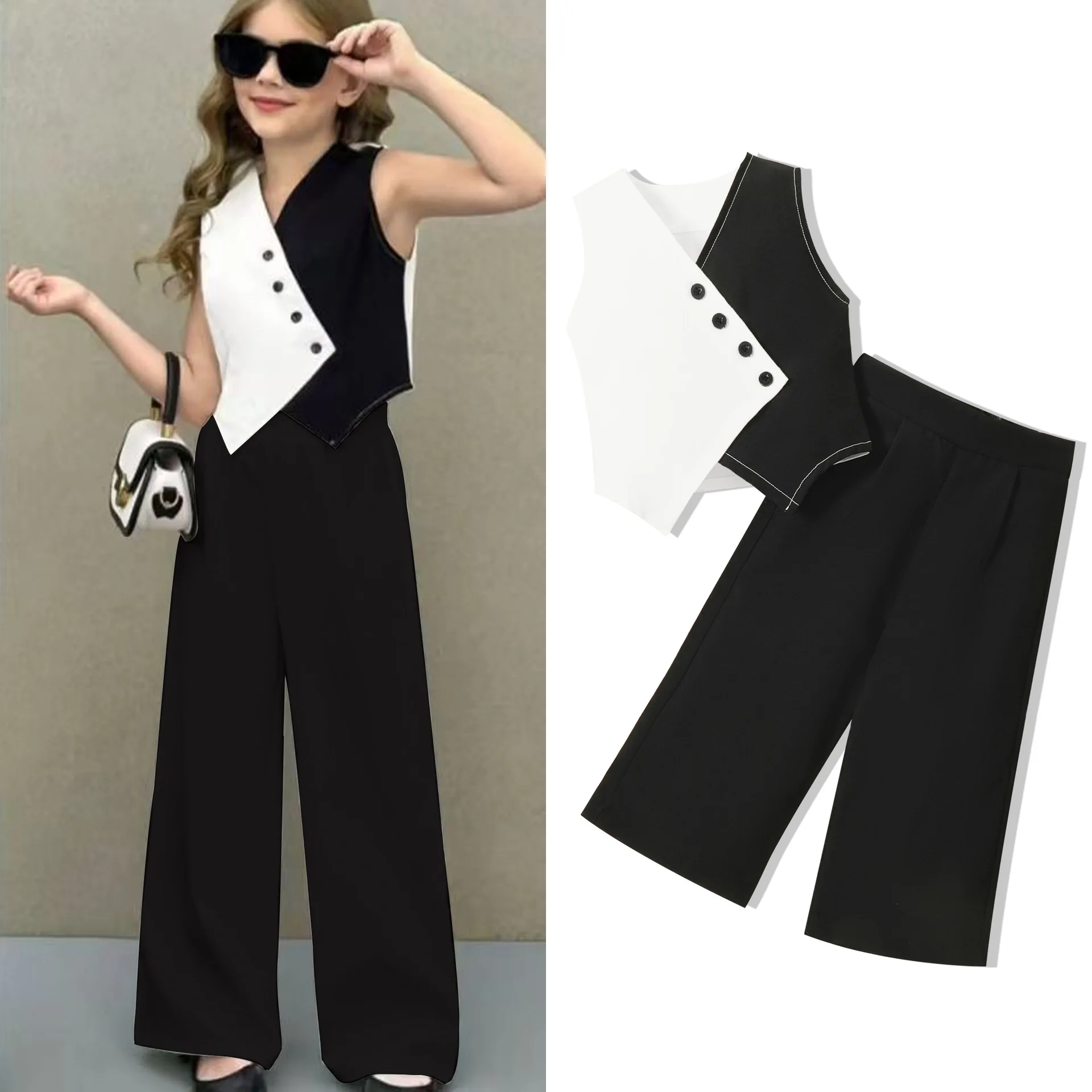 Summer Baby Girl Suits Toddler Clothes Set Black Whit Vest Wide Leg Trousers Flare Pants Kids Outfit Elegant Fashion Children