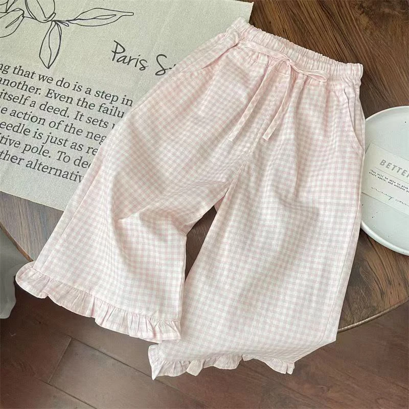 Girls Summer Clothes New Fashion Korean Style Baby Girls Short Sleeve T-Shirt Tops Comfortable Plaid Lace Wide Leg Pants image 3