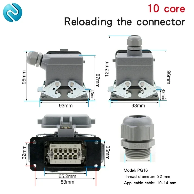 Rectangular Heavy Duty Connector HDC-HE Waterproof Aviation Industry  6/10/16/24 core pins Plug Socket with cover 16A 500V