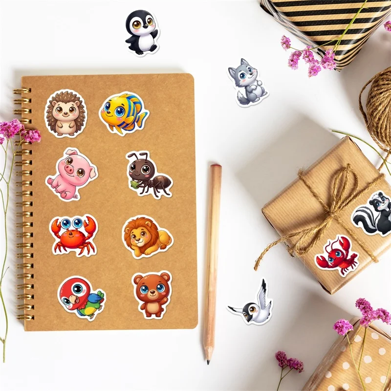 50PCS Cartoon Bright Eyed Animals PVC Sticker Aesthetic Colored DIY Sticky Decoration Scrapbooking Hand Accounting Supplies - view 5