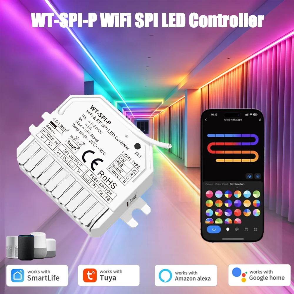 5V-24V Tuya WiFi SPI Pixel LED-Controller für Einfarbige und RGBCCT RGBW RGB Dynamische Beleuchtung, Kompatibel mit Smart Life, Google Assistant und Alexa